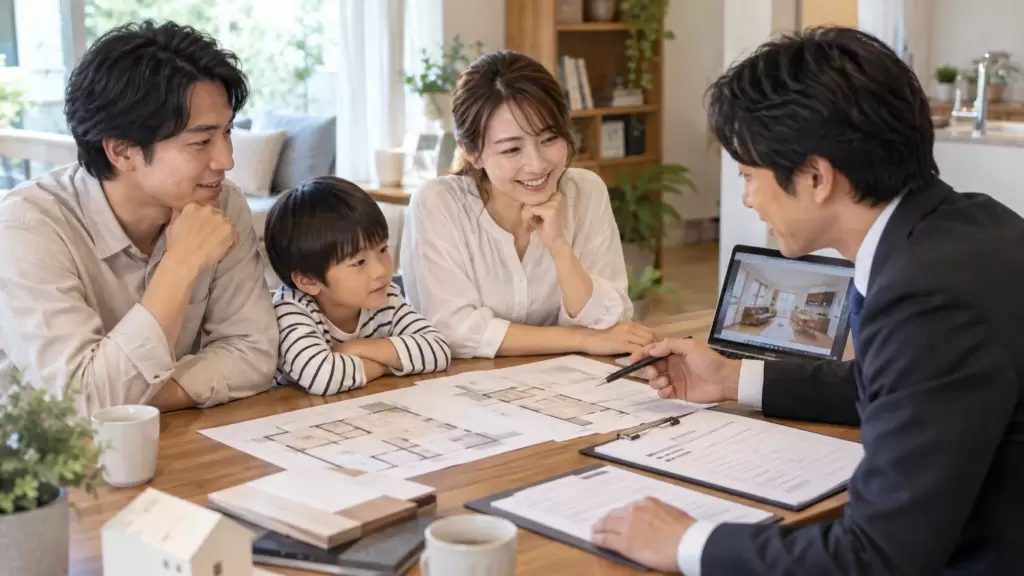 20-year-home-remodel-consultation | アップルホーム 築20年の戸建てリフォームについて住宅アドバイザーへ相談する家族