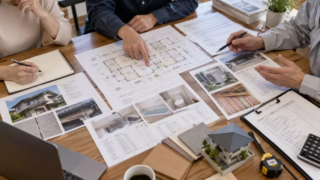 20-year-home-remodel-planning | アップルホーム 築20年リフォームの優先順位を図面と点検結果から整理する様子