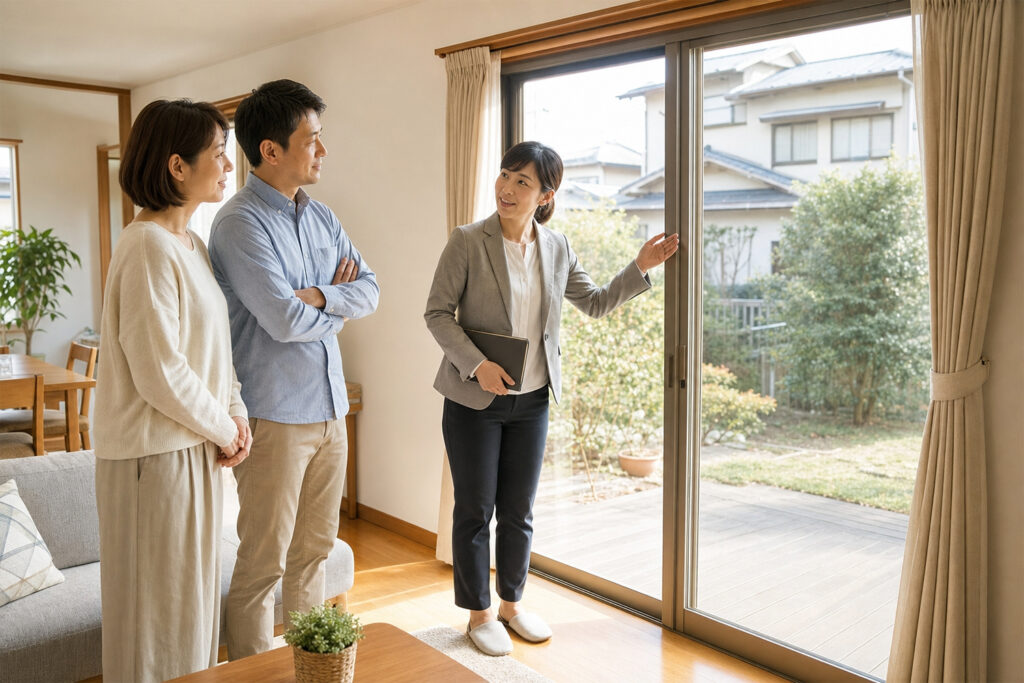 autumn-window-insulation-check | アップルホーム 秋に内窓や窓の断熱性能を確認する家族とリフォーム担当者