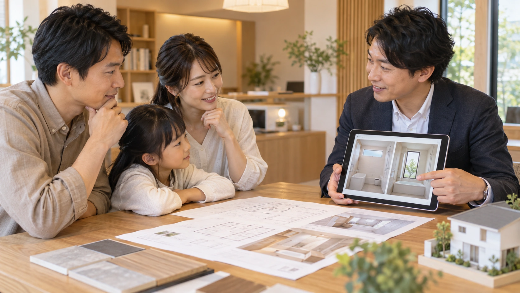 bathroom-window-consultation-checklist | アップルホーム 家族で浴室窓の必要性を住宅アドバイザーに相談する様子
