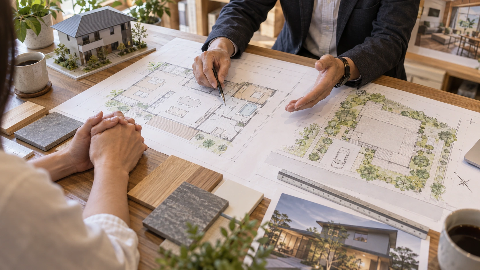 bathroom-window-floor-plan-check | アップルホーム 注文住宅の図面で浴室窓の位置と隣地距離を確認する様子