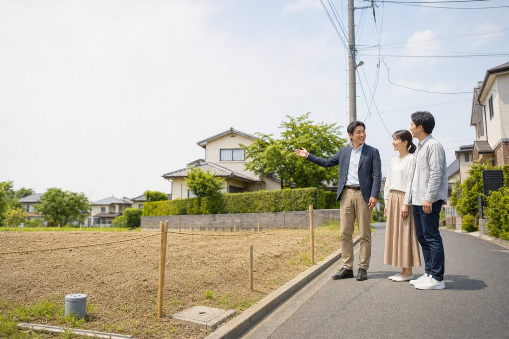 check-water-line-before-buying-land | アップルホーム 土地の前面道路と水道メーターボックスを確認する住宅アドバイザーと夫婦