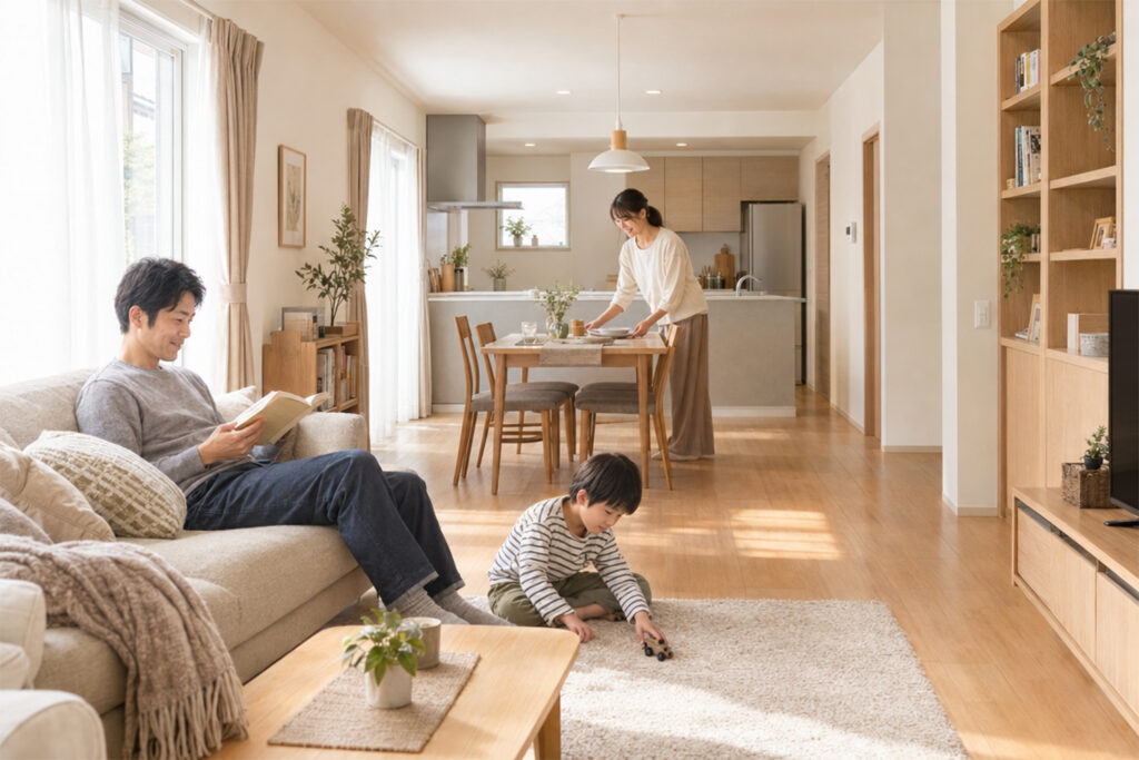 compact-home-family-planning | アップルホーム コンパクトな注文住宅のリビングで過ごす子育て家族