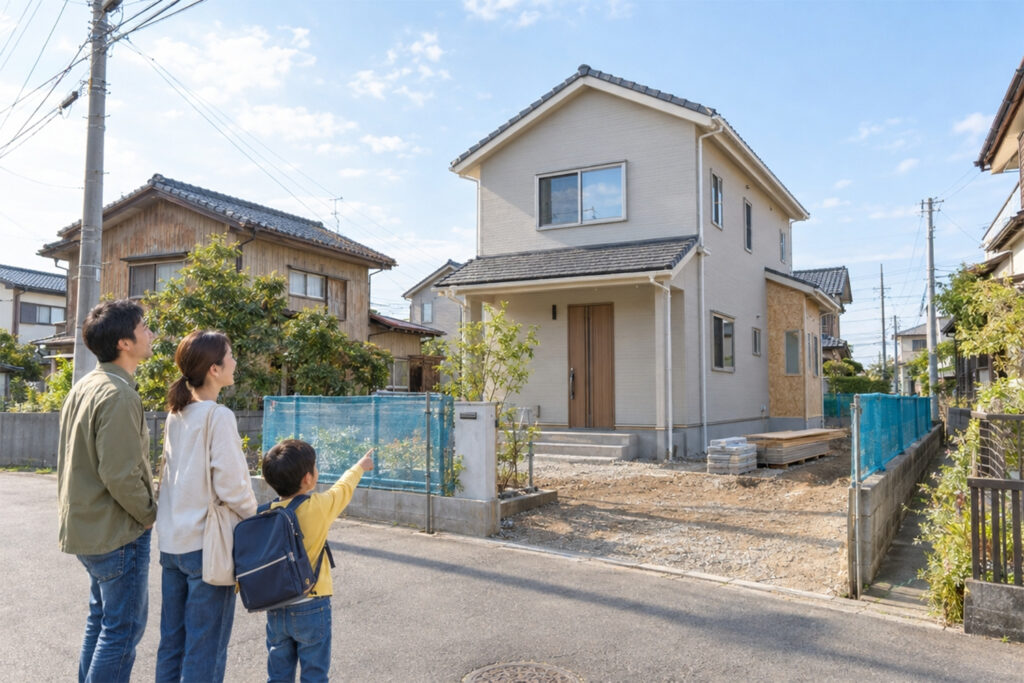 住み替え先の注文住宅の建築現場を見学する家族