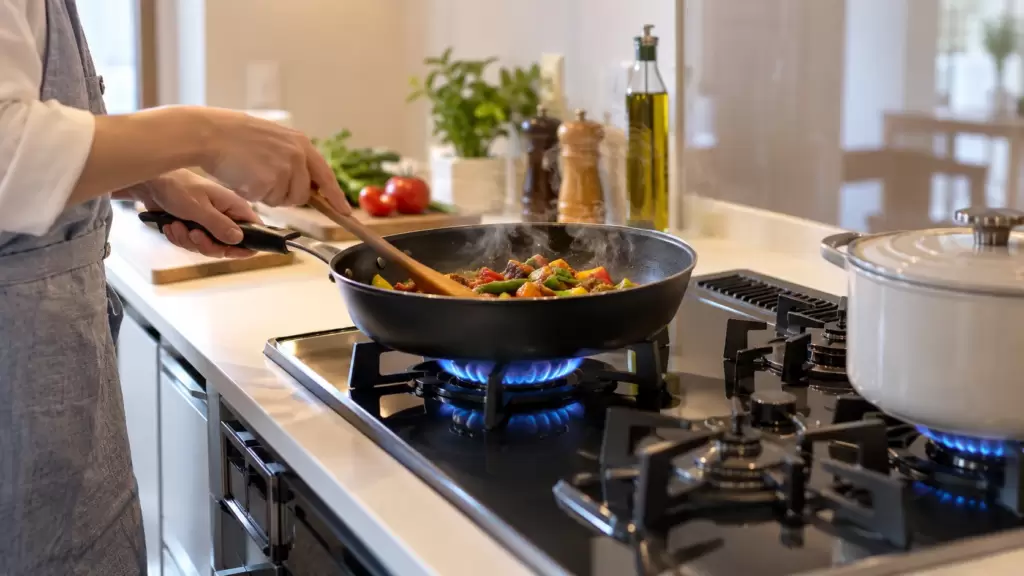 custom-home-gas-cooktop-cooking | アップルホーム 注文住宅のキッチンでガスコンロを使って調理する様子