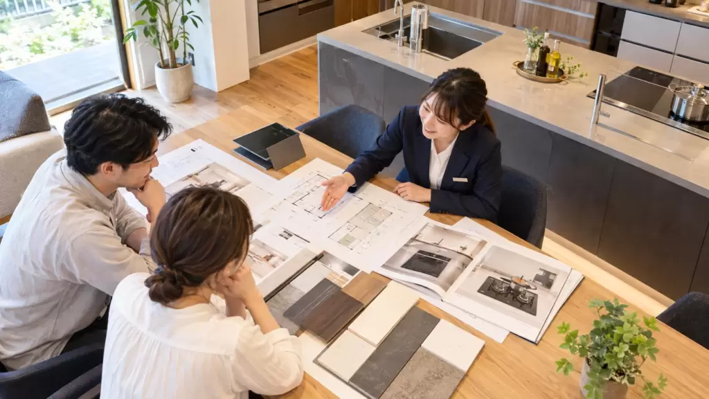 custom-home-ih-gas-equipment-planning | アップルホーム 注文住宅の打ち合わせでIHとガスコンロの設備計画を確認する様子
