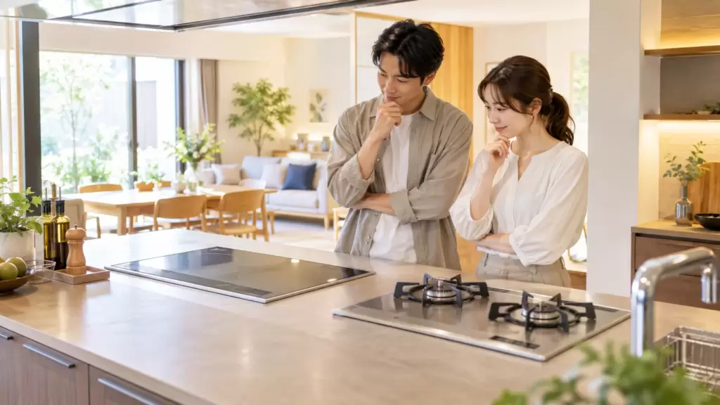 custom-home-ih-gas-kitchen-compare | アップルホーム 注文住宅のキッチンでIHとガスコンロを比較するイメージ