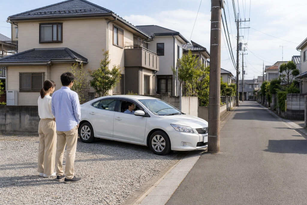 driveway-pole-parking-plan | アップルホーム 電柱と支線を避けながら駐車場の出入りを確認する注文住宅の候補地