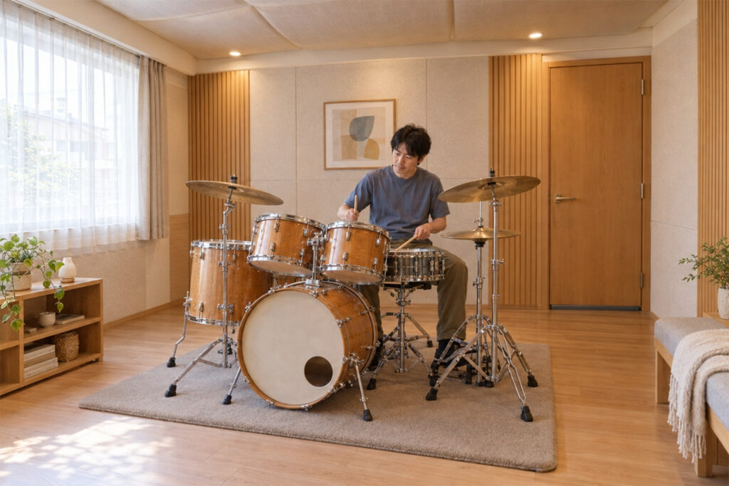 drum-room-soundproof-vibration | アップルホーム 戸建て住宅の防音室でドラムを演奏する男性