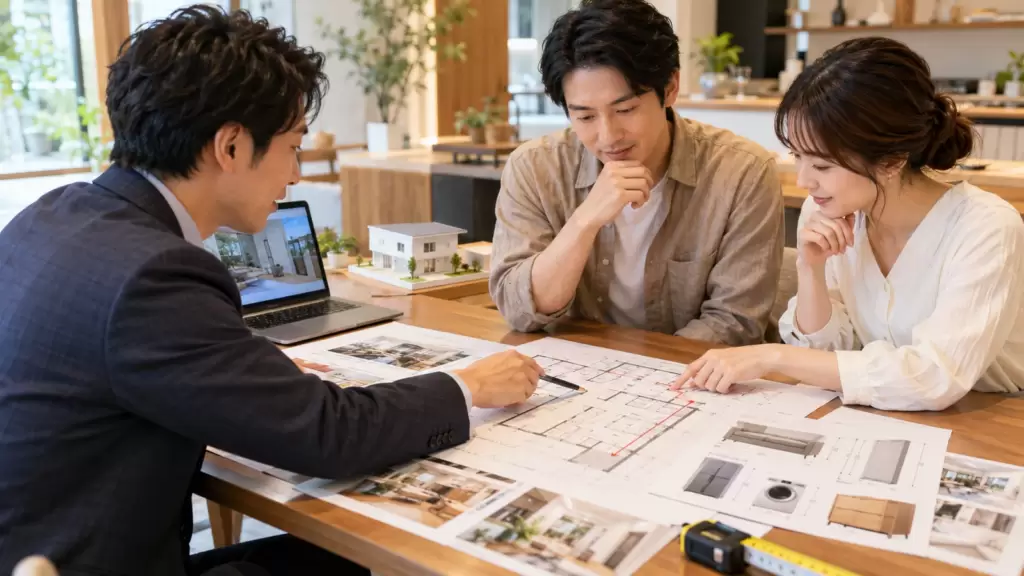 floor-plan-furniture-delivery-consultation | アップルホーム 間取り図を見ながら冷蔵庫やソファの搬入経路を確認する住宅相談
