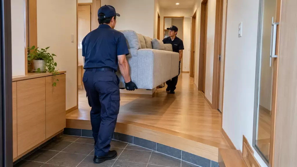 furniture-entry-hallway-route-check | アップルホーム 新築の玄関と廊下で大型家具の搬入幅を確認する様子