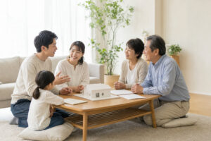親からの住宅資金贈与と注文住宅の資金計画について話し合う30代夫婦