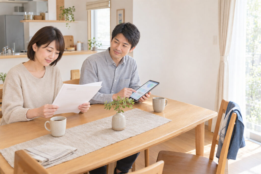 住宅防音工事の希望届や手続きについて確認する夫婦