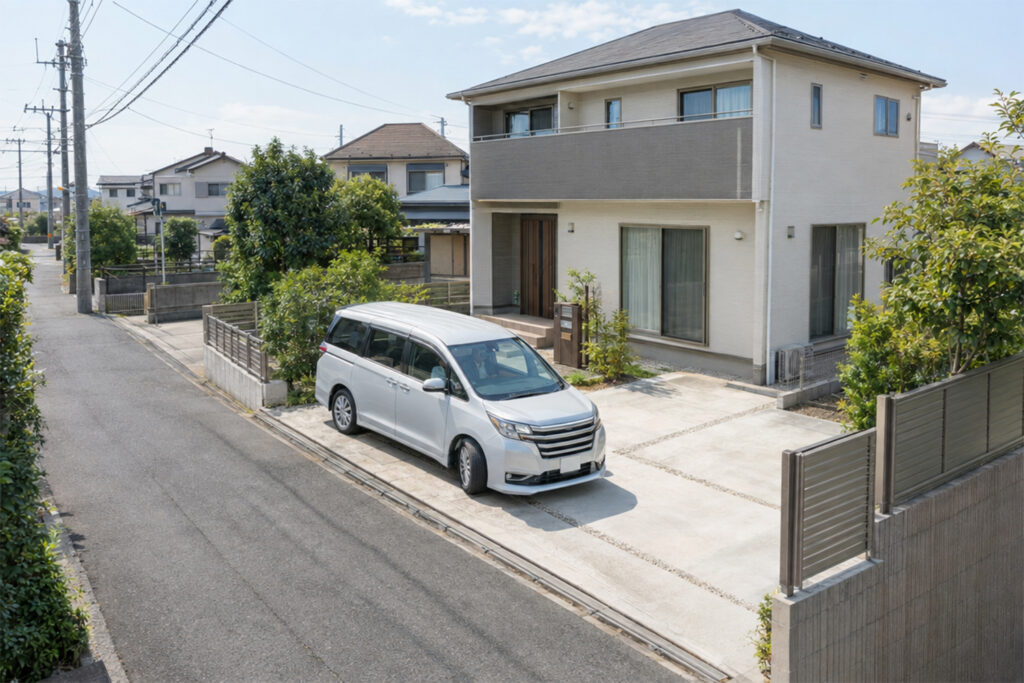 前面道路から戸建て住宅の駐車スペースへ進入するファミリーカー