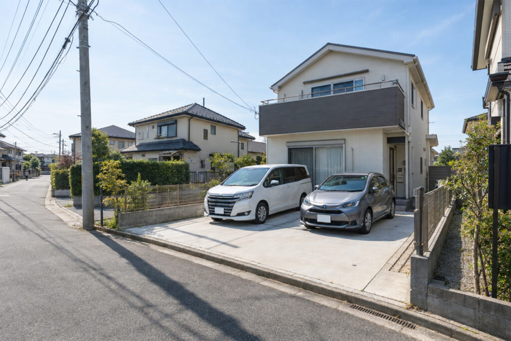 電柱や側溝、境界ブロックがある住宅前の道路と駐車スペース