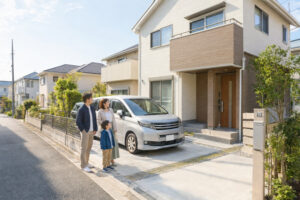 ichishitei-road-parking-plan | アップルホーム 位置指定道路に面した戸建て住宅で前面道路と駐車スペースを確認する家族