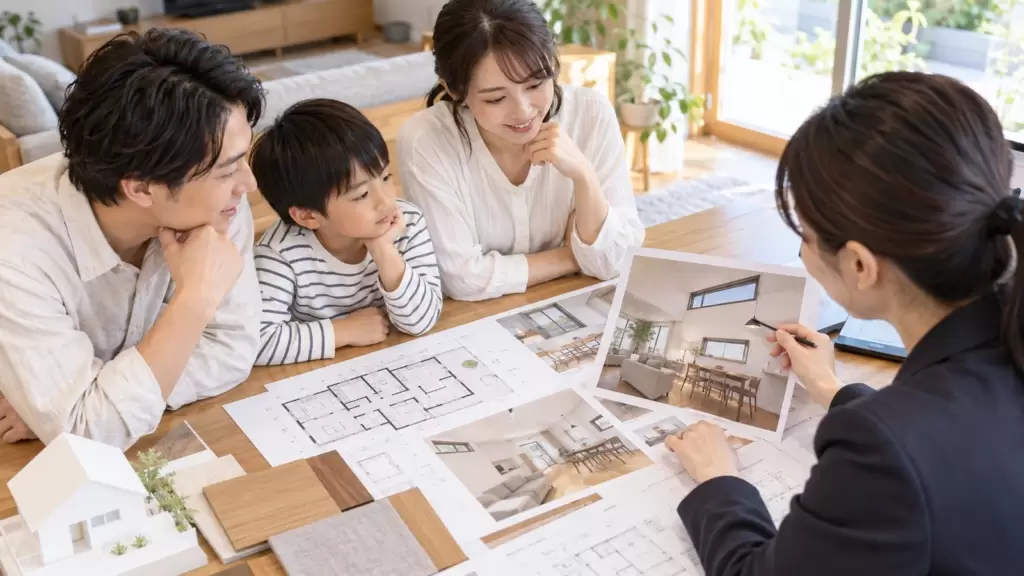 注文住宅の間取り図を見ながら室内窓の位置を確認する打ち合わせ