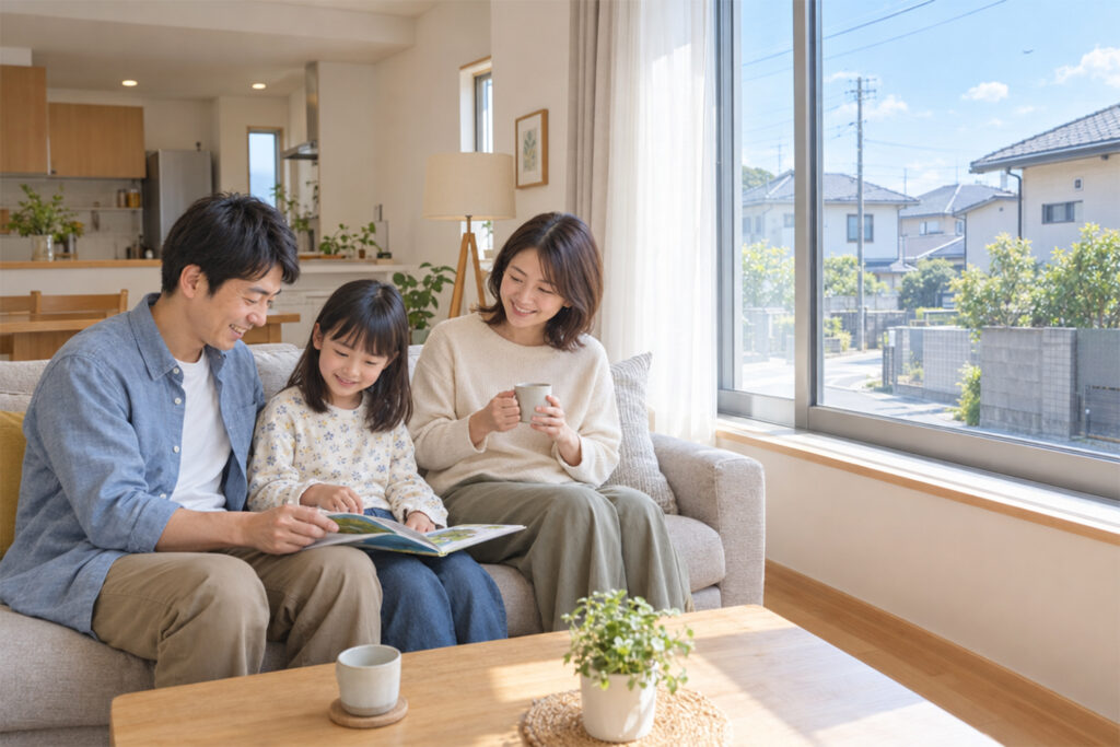 入間飛行場周辺の住宅防音工事を検討する家族と明るいリビング