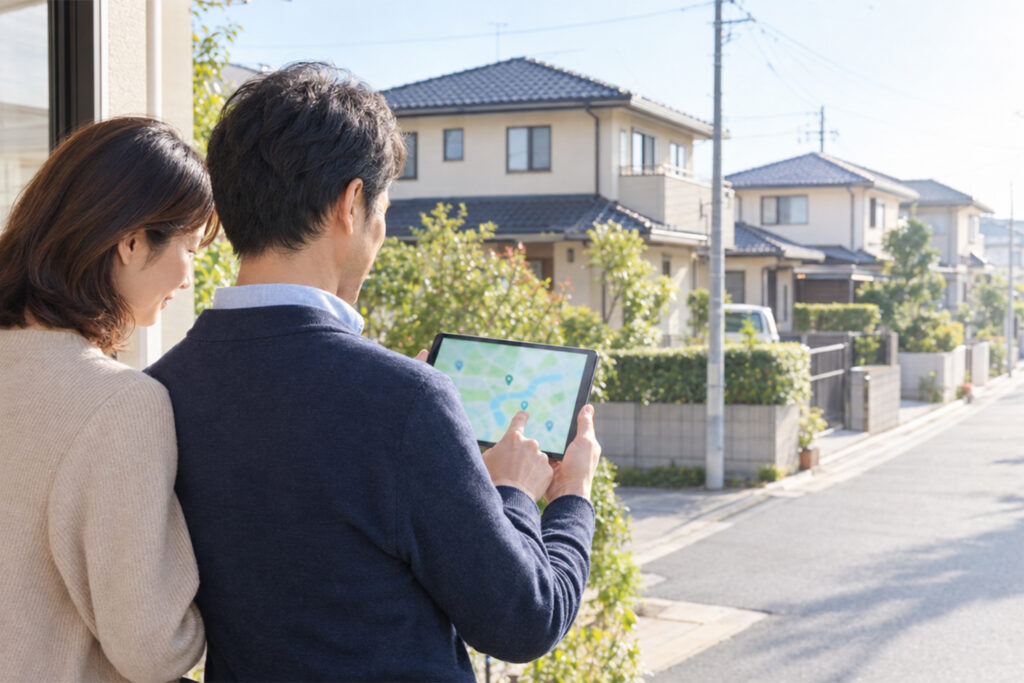 入間飛行場周辺の住宅街で防音工事の対象区域を確認する家族