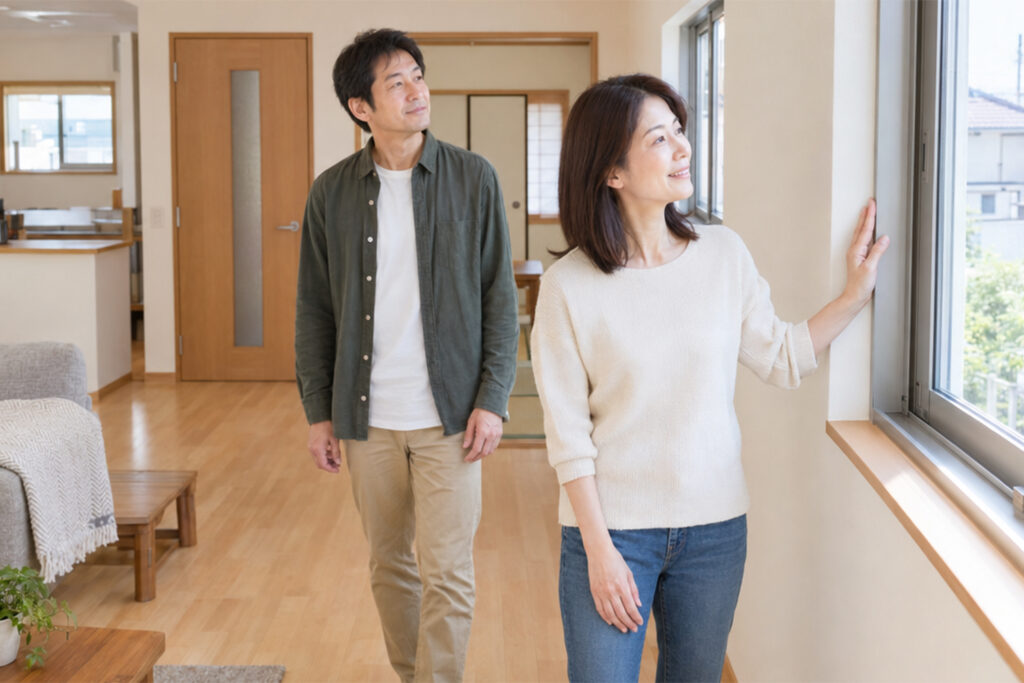 内装や窓など住宅リフォームの対象箇所を確認する夫婦
