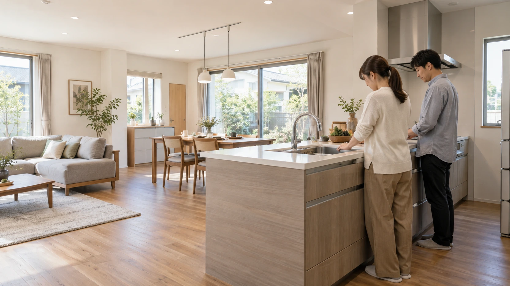kitchen-height-family-consultation | アップルホーム 注文住宅のキッチン高さを夫婦で相談する住宅広告向けイメージ