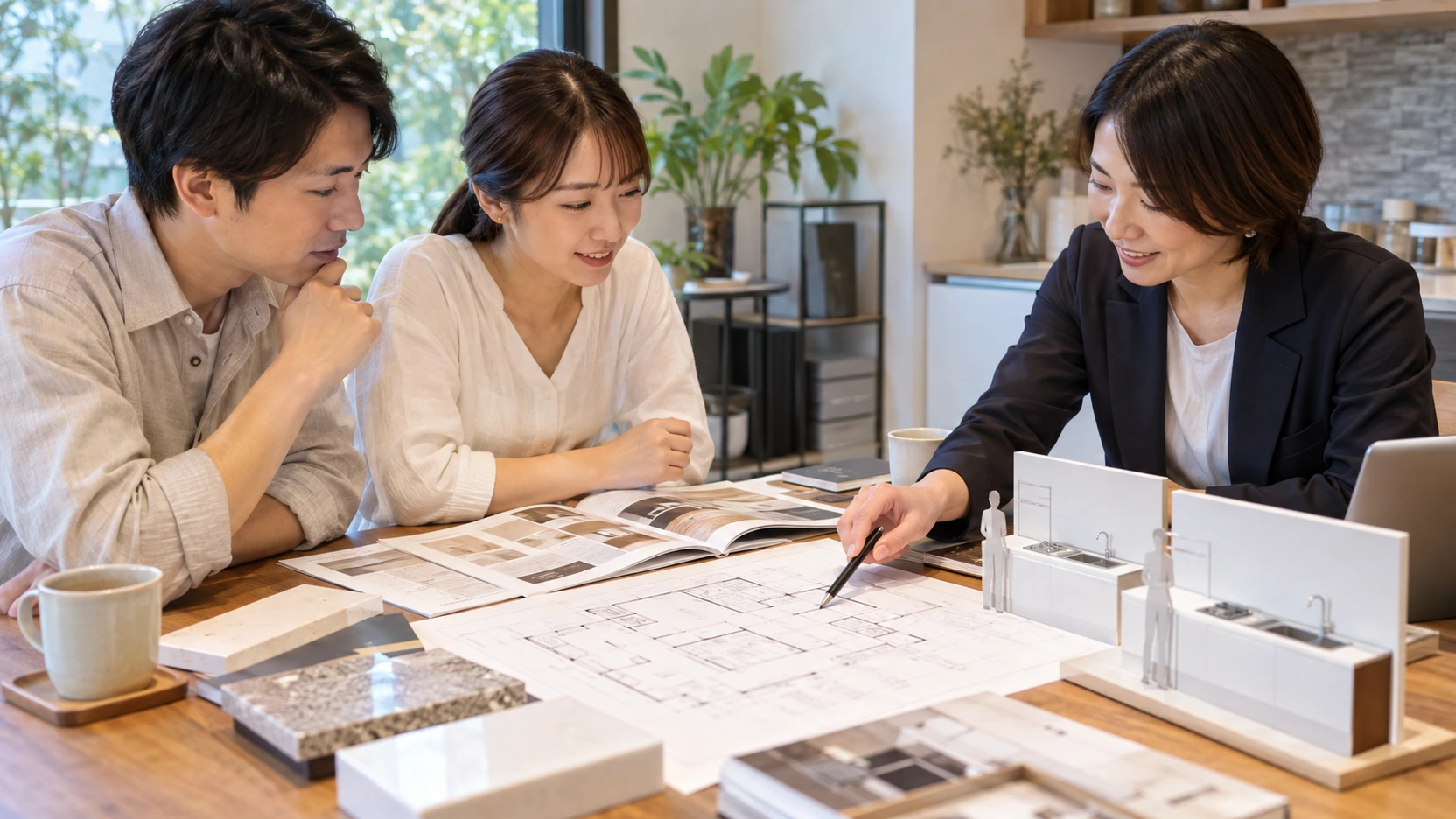 kitchen-height-meeting-check | アップルホーム 注文住宅のキッチン高さと身長差を確認する打ち合わせイメージ