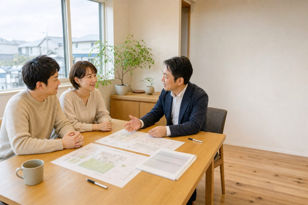 land-infrastructure-cost-meeting | アップルホーム 土地資料を見ながら上下水道と建築費を確認する30代夫婦