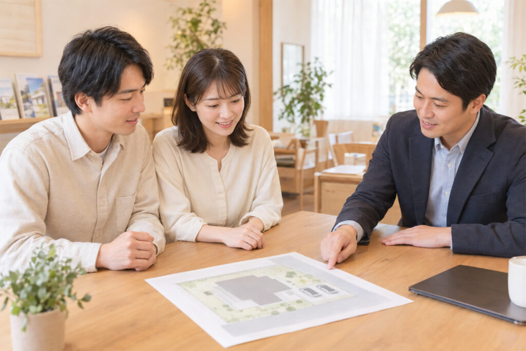 土地の配置図を見ながら駐車計画を相談する30代の夫婦