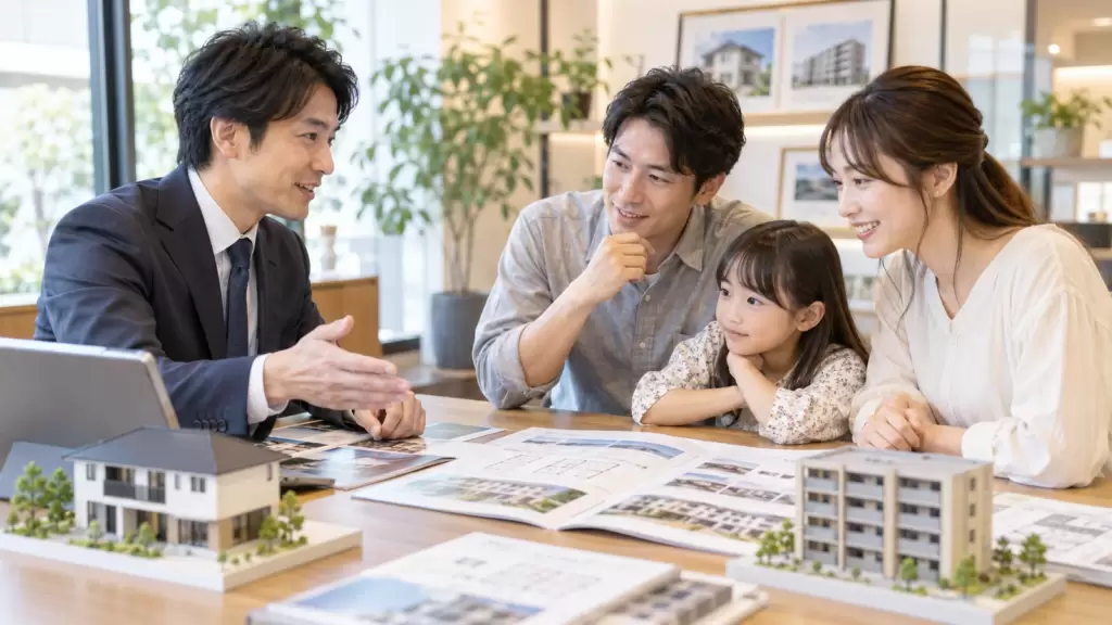 land-use-investment-consultation | アップルホーム 土地活用の投資判断について住宅アドバイザーに相談する家族