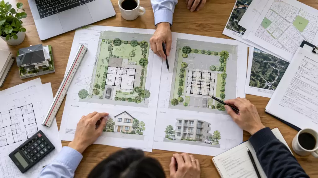 land-use-layout-check | アップルホーム 土地活用で戸建賃貸とアパートの配置計画を比較する図面確認イメージ