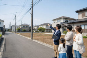 land-utility-pole-home-planning | アップルホーム 注文住宅の候補地で電柱と支線の位置を確認する家族と住宅スタッフ