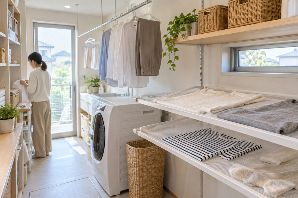 laundry-room-flat-dry-space | アップルホーム デリケートな衣類を平干しできるランドリールームの棚