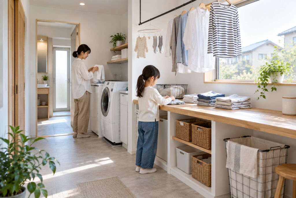 laundry-room-hanging-bar-counter | アップルホーム 物干しバーと作業カウンターを設けたランドリールーム