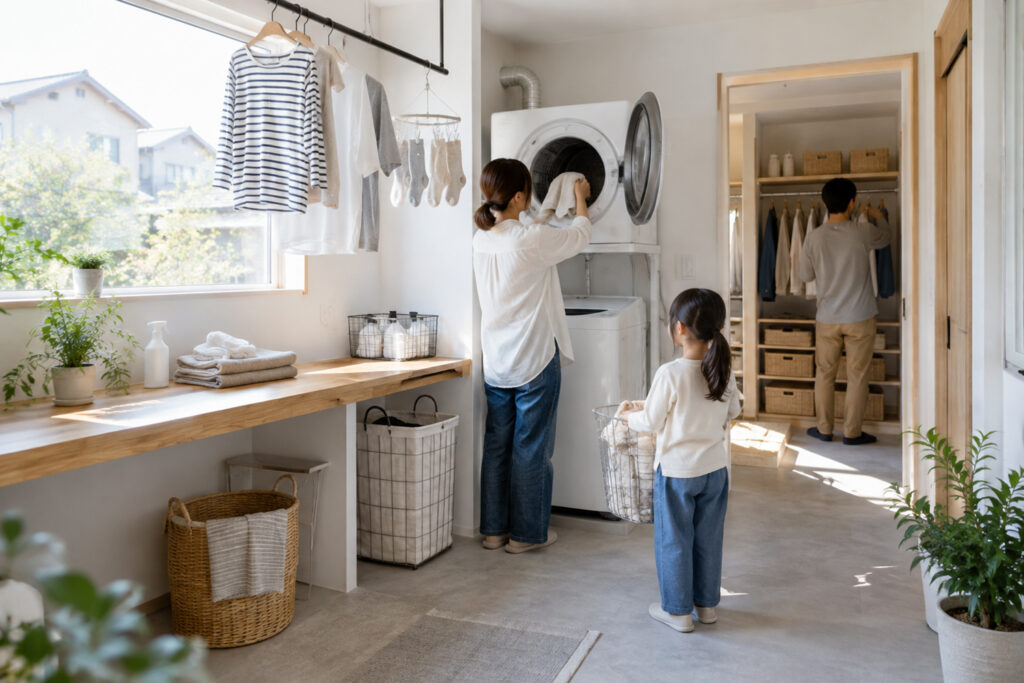 laundry-room-non-dryer-clothes-flow | アップルホーム 乾燥機と室内物干し、収納をまとめた明るいランドリールーム