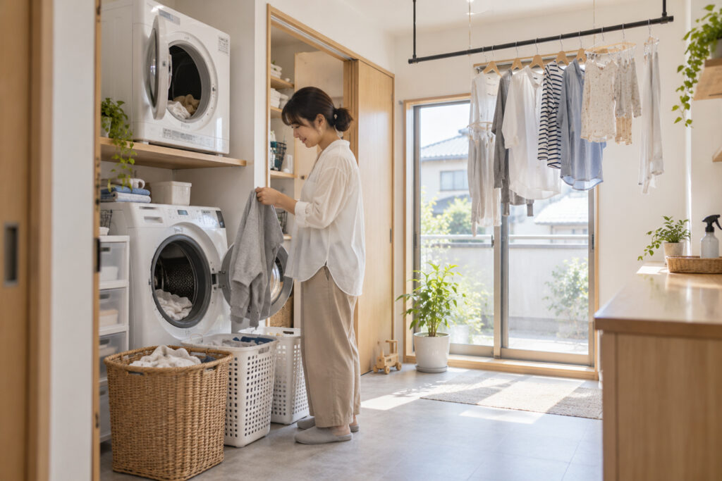 laundry-sort-dryer-hang | アップルホーム 洗濯後の衣類を乾燥機用と室内干し用に分けるランドリールーム