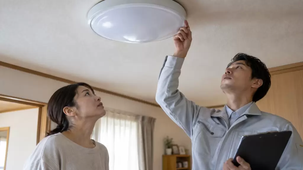 led-lighting-fixture-check | アップルホーム 古い蛍光灯照明器具を確認してLED器具への交換を検討する様子
