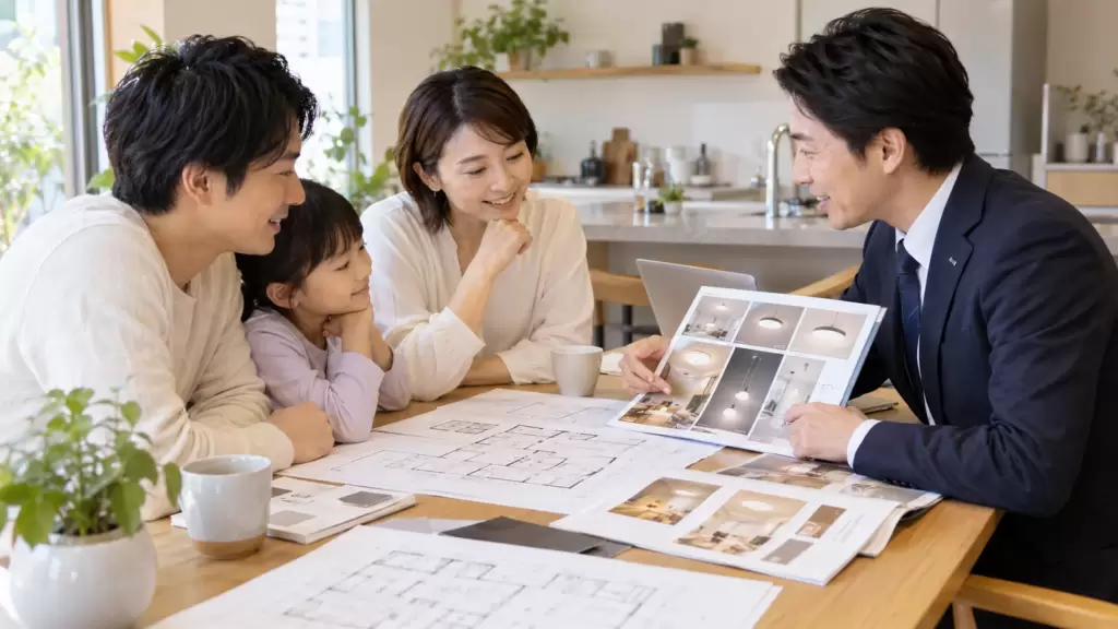 lighting-renovation-consultation | アップルホーム 戸建住宅の照明リフォームについて図面を見ながら相談する家族