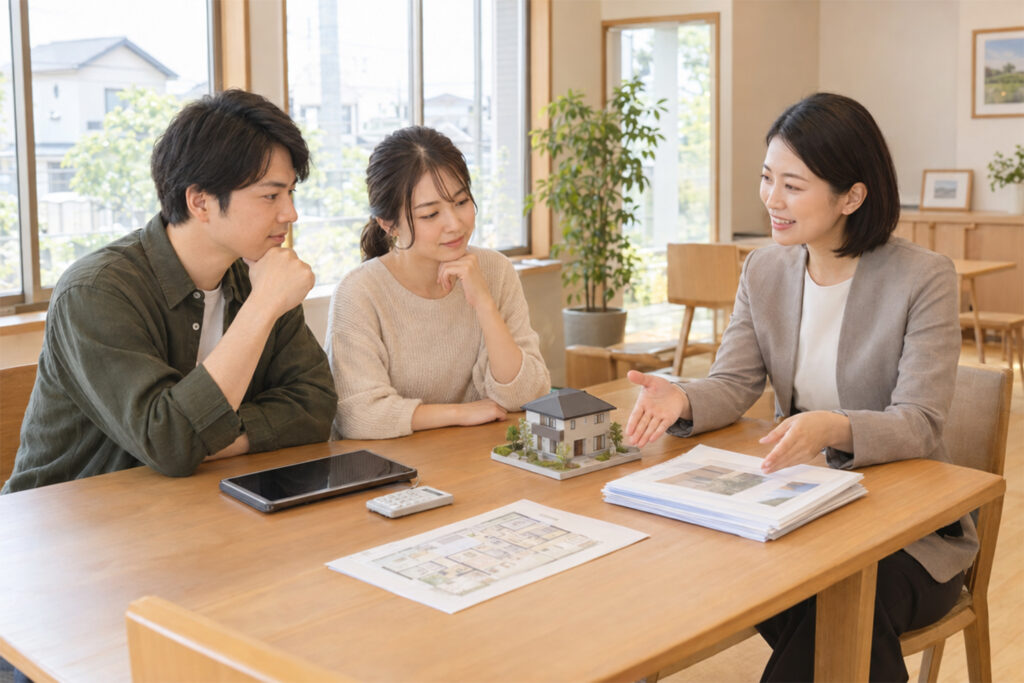mortgage-budget-home-consultation | アップルホーム 住宅ローンと注文住宅の資金計画を相談する家族