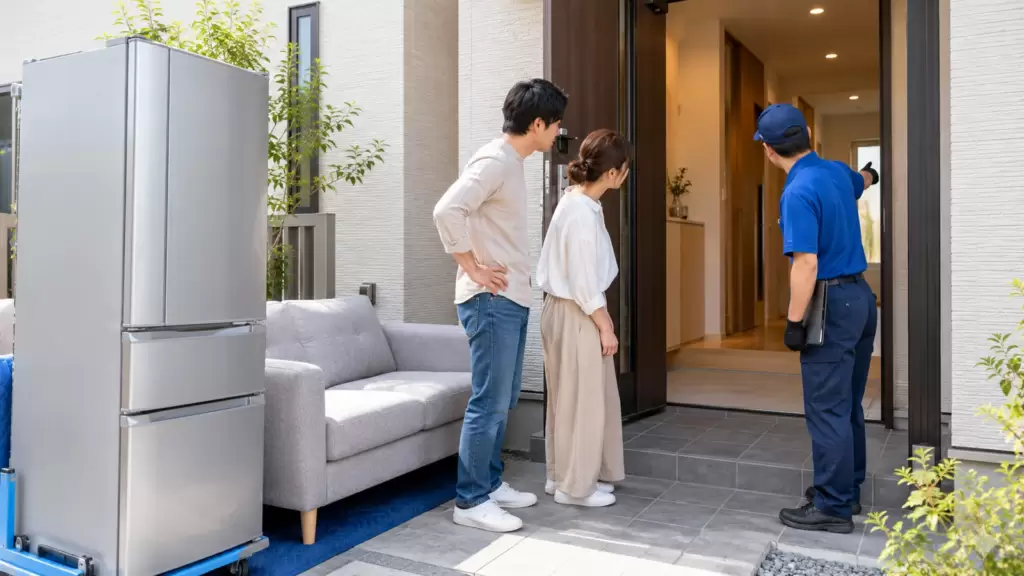 new-home-furniture-appliance-delivery-route | アップルホーム 新築住宅で冷蔵庫やソファの搬入経路を確認する家族