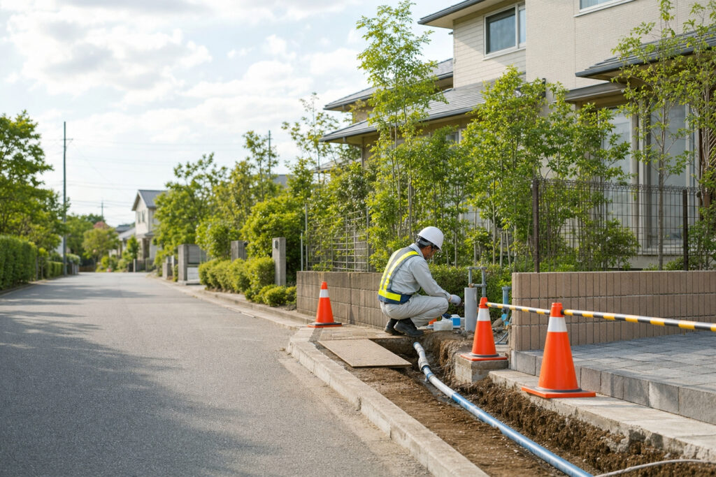 new-water-service-connection-work | アップルホーム 道路側から住宅敷地へ給水管を引き込む水道工事の様子
