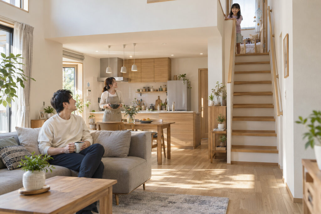 one-half-story-child-room-zone-comparison | アップルホーム 1.5階建てで1階と上階の子ども部屋配置を比較する住宅イメージ