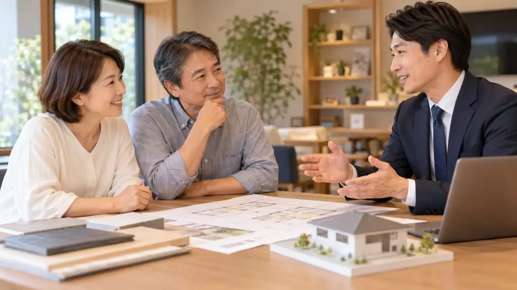 one-story-renovation-consultation | アップルホーム 平屋への減築リフォームについて住宅アドバイザーに相談する家族