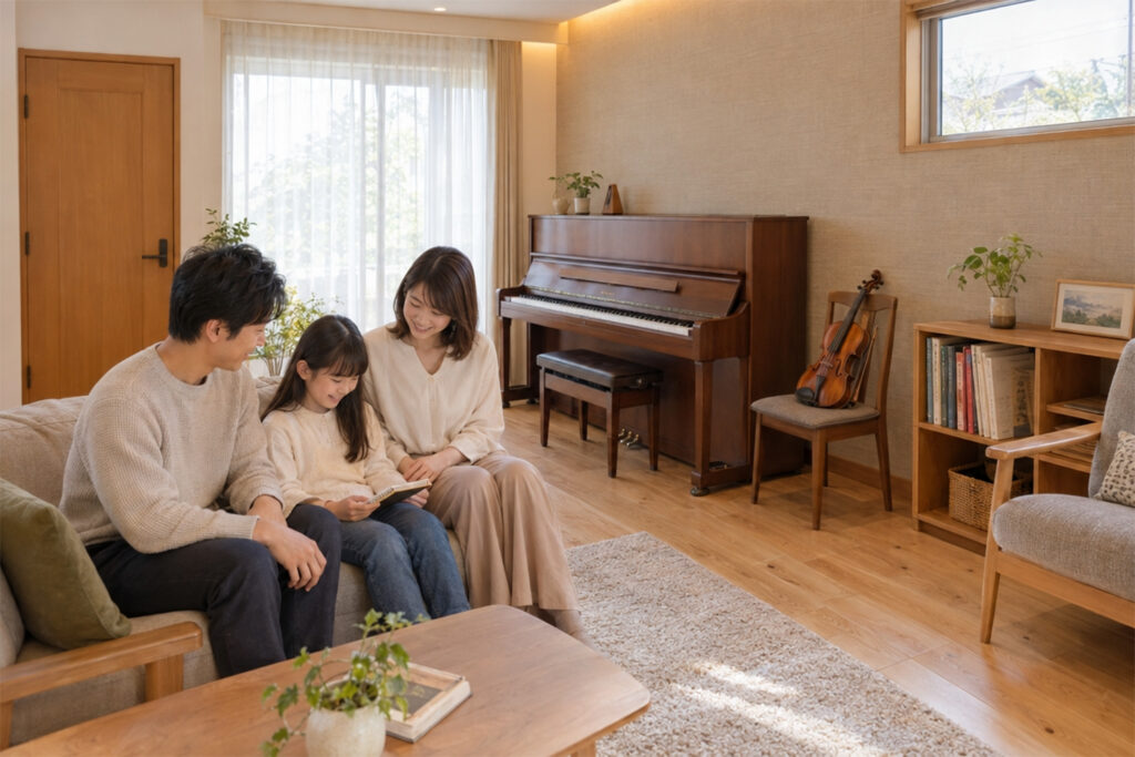 order-house-soundproof-room | アップルホーム 注文住宅の明るい音楽室でピアノや楽器を楽しむ家族