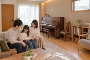 注文住宅の明るい音楽室でピアノや楽器を楽しむ家族