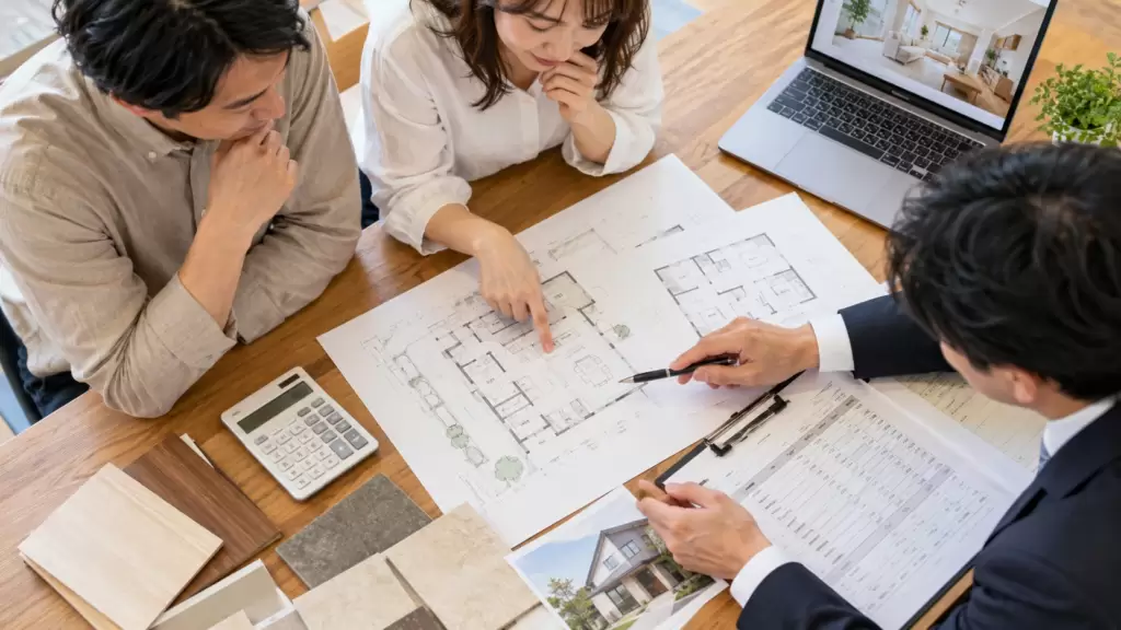 reduction-renovation-cost-plan | アップルホーム 2階建てを平屋に減築するリフォーム費用を図面と見積書で確認する様子