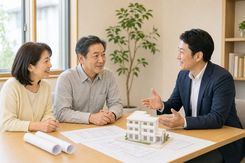 アパート建築の事業計画を住宅会社の担当者と確認する土地オーナー