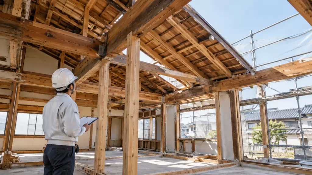 second-floor-removal-structure-check | アップルホーム 2階をなくす減築リフォームで1階構造と屋根を確認するイメージ