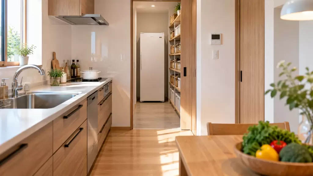 second-freezer-outlet-kitchen-flow | アップルホーム キッチンからパントリーのセカンド冷凍庫へつながる家事動線