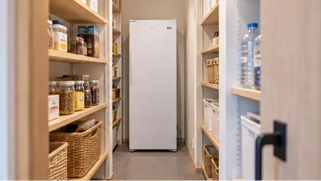 second-freezer-placement-pantry | アップルホーム パントリーに設置したセカンド冷凍庫と周囲の収納スペース