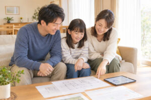 売り先行と買い先行を比較しながら注文住宅への住み替えを相談する家族